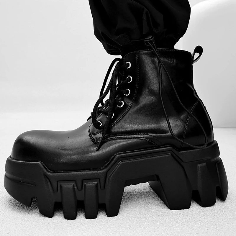 men fashion punk stage natural leather boots lace-up platform shoes cowboy spring autumn boot black designer ankle botas hombre