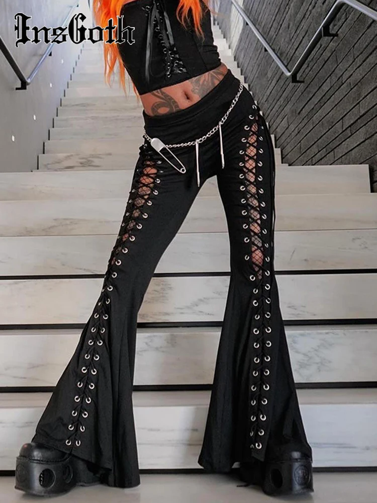 InsGoth Gothic Punk Eyelet Bandage Flared Pants Women's High Waist Hip Hop Flare Pants Y2K Grudge Harajuku Street Trousers