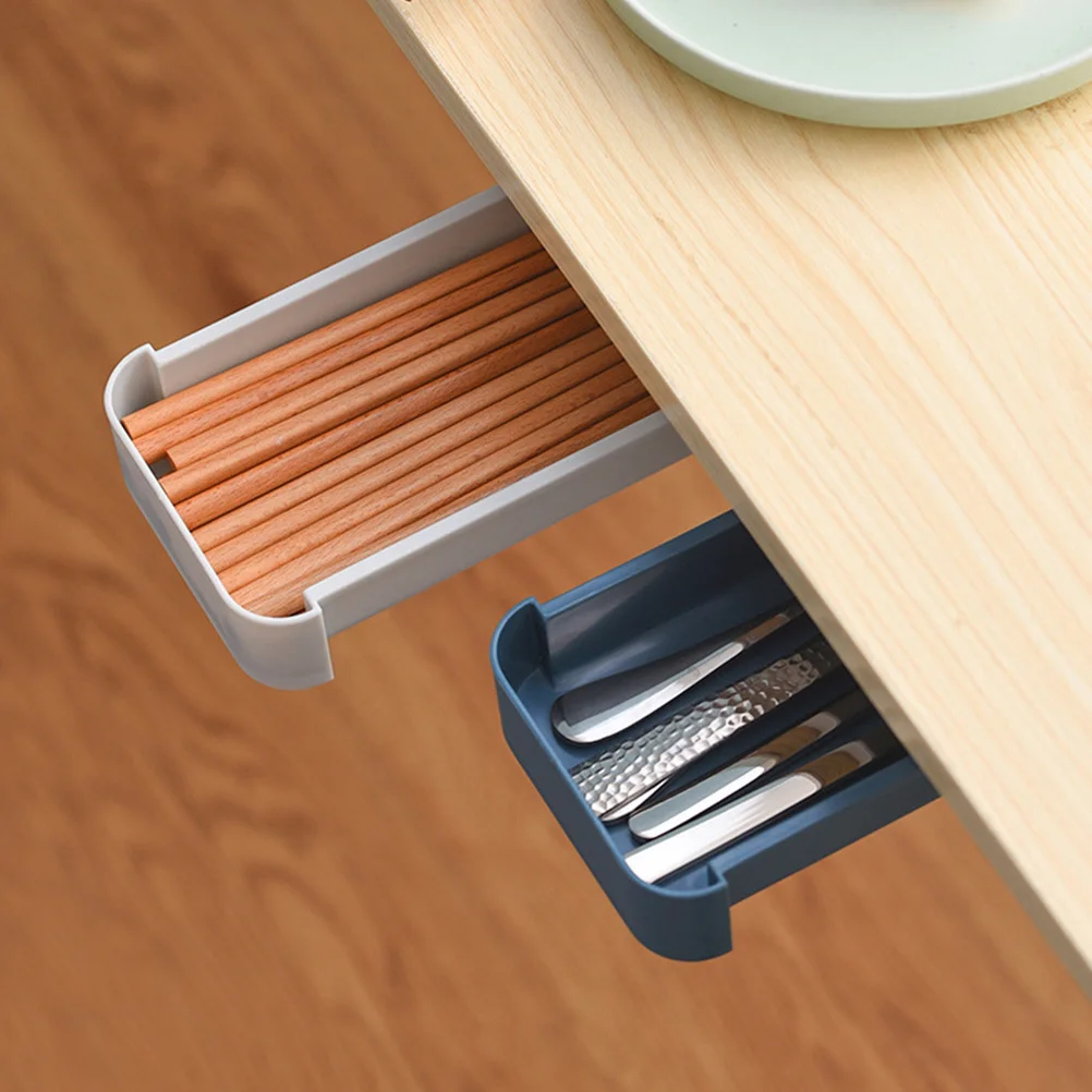 

2pcs Desk Bottom Storage Box Adhesive Hidden Drawer For Pens Headphones Under Table Organizer Retractable Pencil Tray