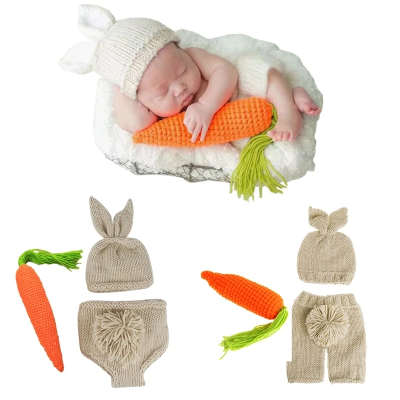 Newborn Baby Clothes Girls Boys Crochet Knit Rabbit Costume  Bunny Caps Hat Panties Romper Set Photo Photography Prop Accessorie