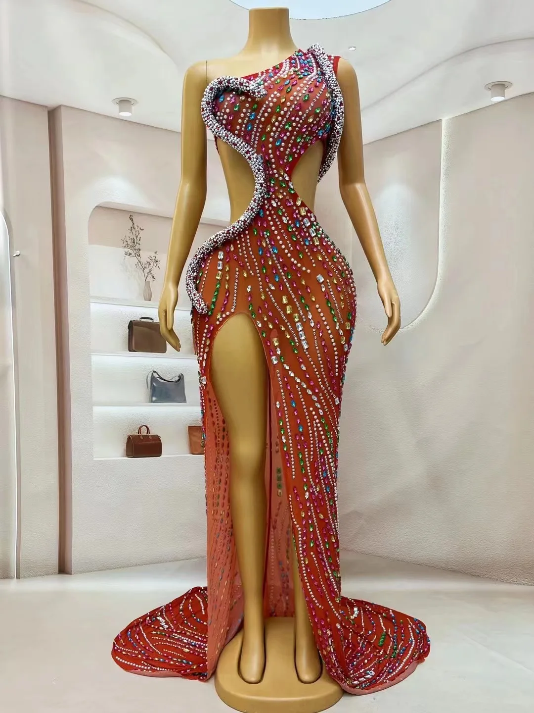 Luxury Women Floor Length Evening Dress Sexy See Through Red Stretch Mesh Elegant Drag Queen Dance Sing Stage Performance Wear