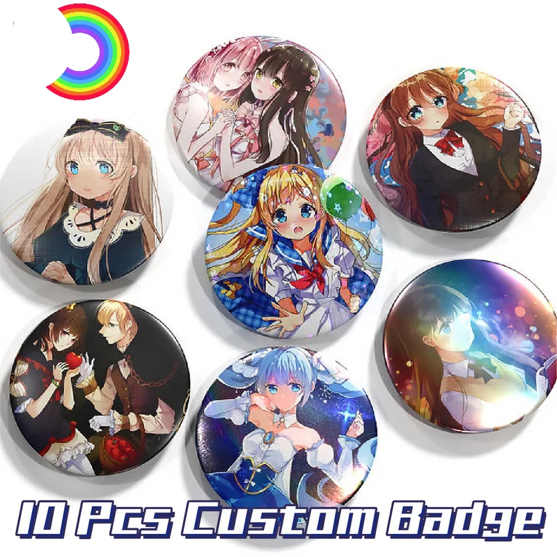 10 Pcs Personalised Badge Pins Round Heart Star Square Cartoon Anime Custom Metal Pin Button Tin Badges