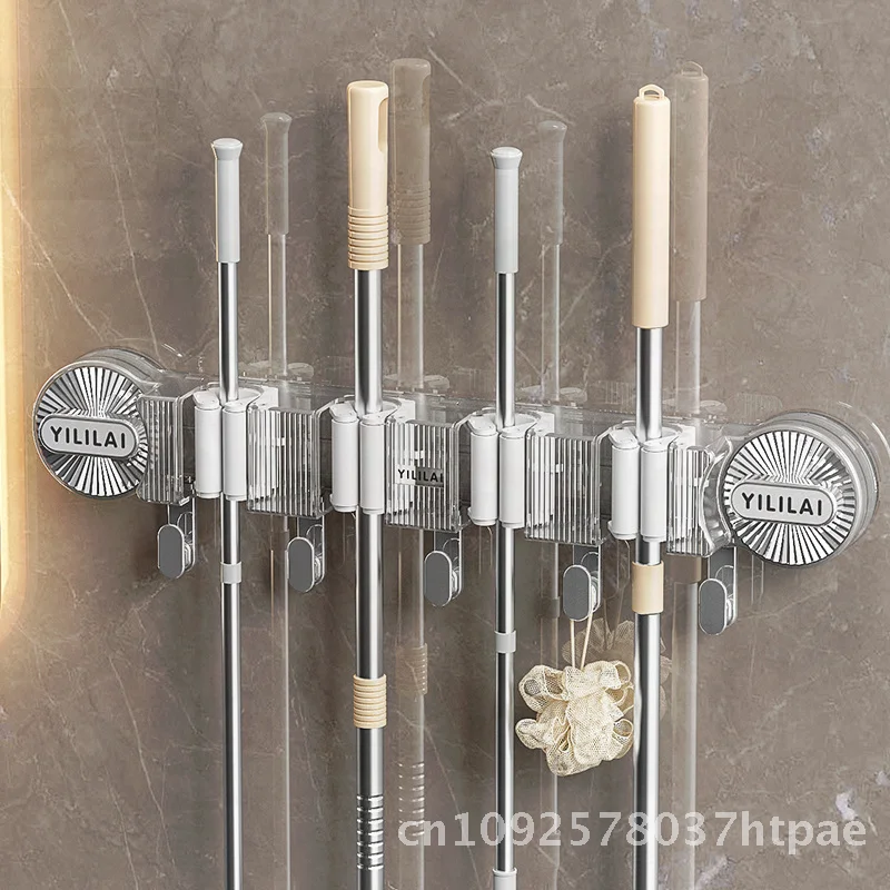 

Powerful Suction Cup Mop Holder Traceless Bathroom Storage Rack Punch-free Toilet Mop Clip with Hook Modern Minimalist PP