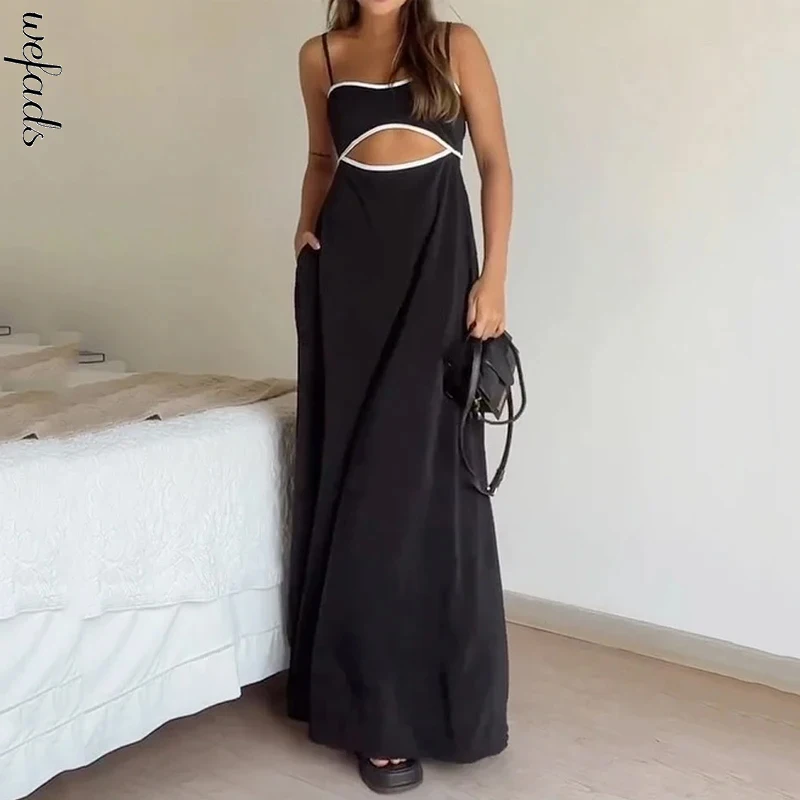 Wefads Maxi Dress Women Summer Casual Patchwork Suspender Sleeveless Hollow Out Backless Lace Up Loose Beach Long Dressses