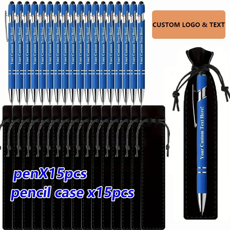15Sets Customizable Engraved Metal Ballpoint Pens with Durable Case + 15pcs Custom Pen Bags - Bulk Writing Utensils for Business