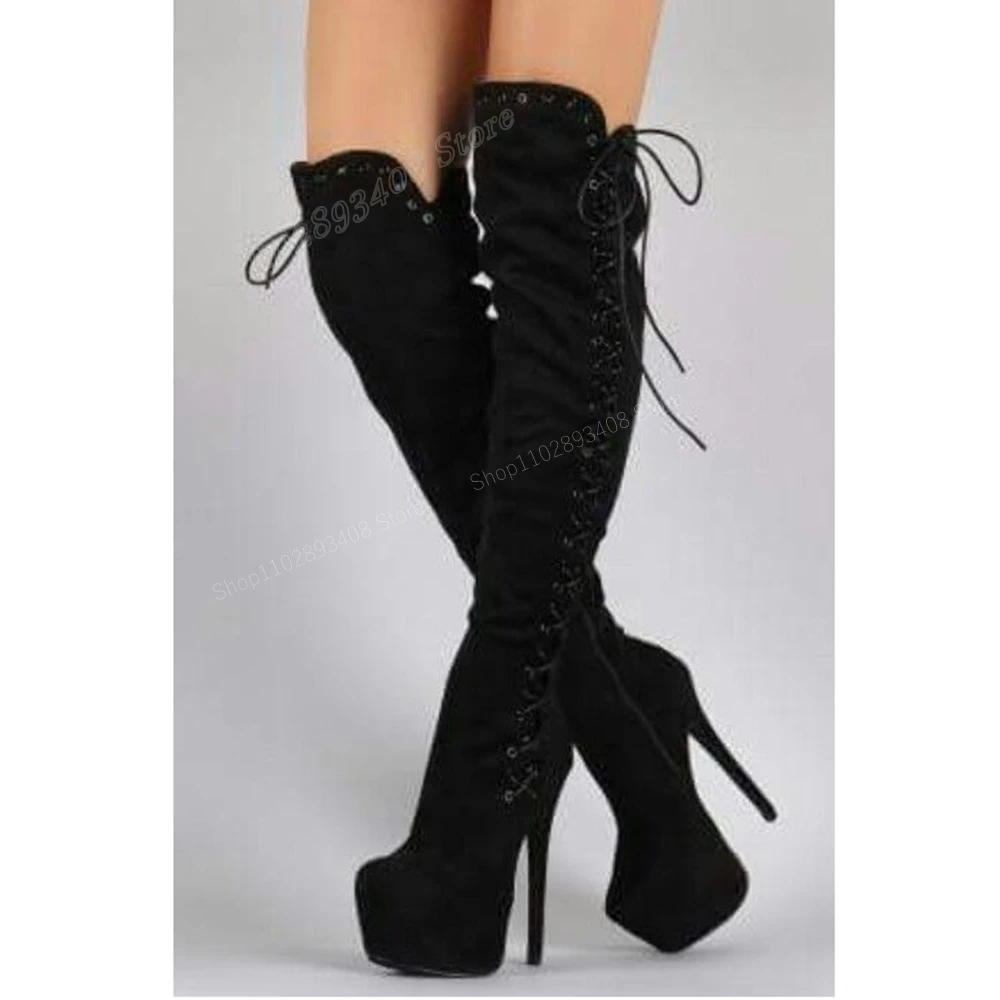 

Black Suede Platform Strappy Over the Knee Boots Stiletto High Heel Side Zipper Fashion Women Shoes 2024 Zapatos Para Mujere