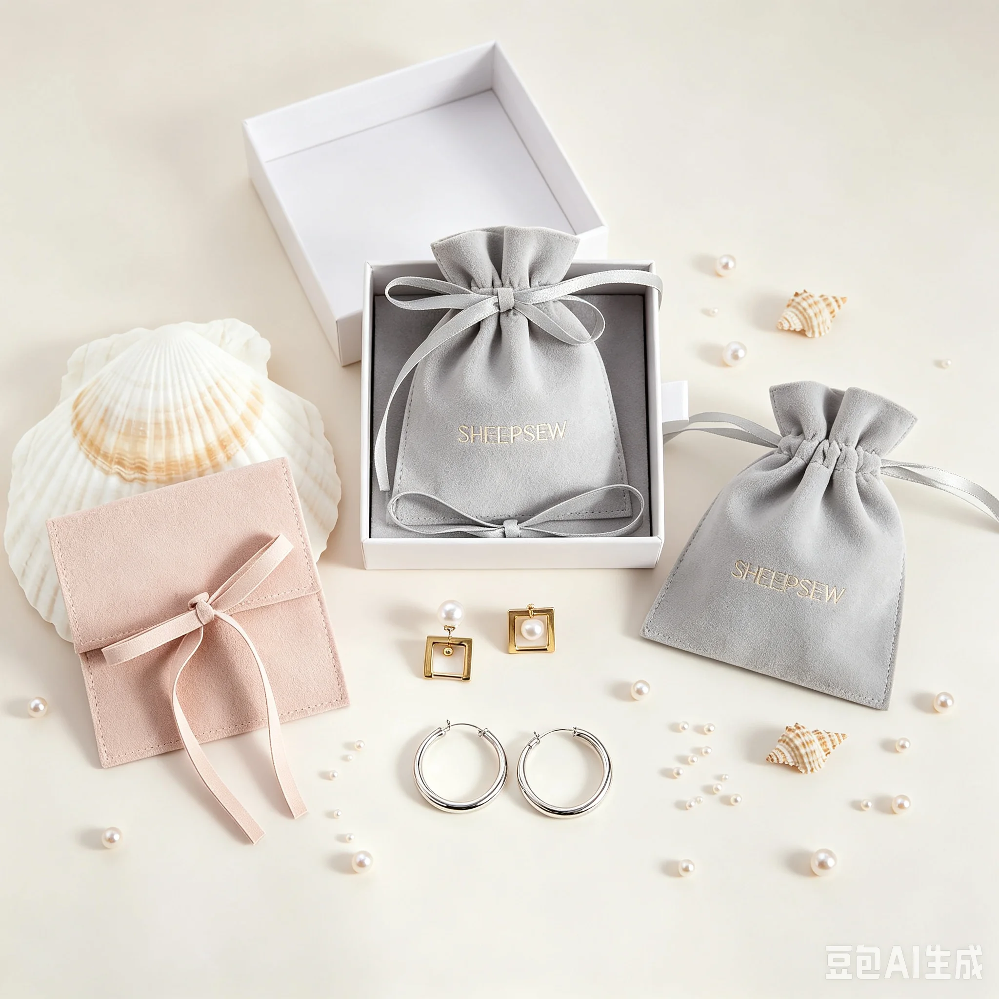 SheepSew Luxury Microfiber Suede Drawstring Jewelry Bag Custom Embossed Logo Portable Soft Pouch For Dainty Pearl Jewelry Access