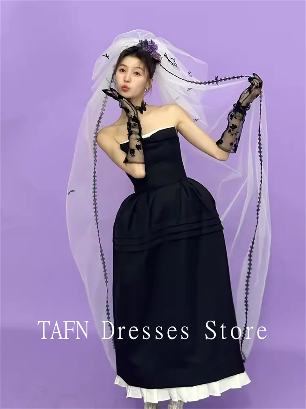 TAFN 웨딩드레스 Korea Simple Wedding Reception Dresses Photo Shoot Black Strapless A-line Evening Party Dresses Custom Made