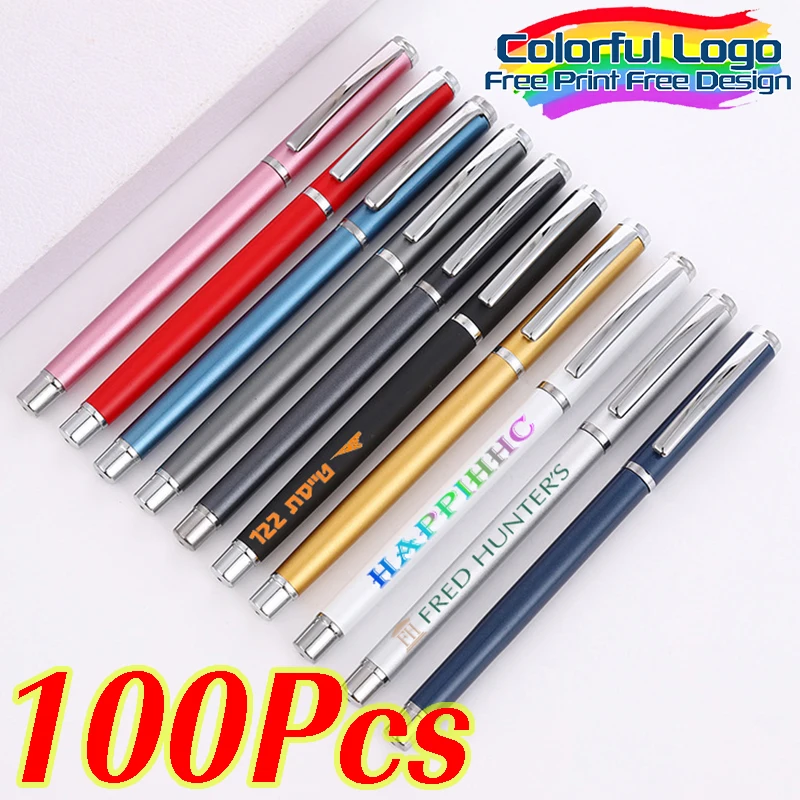

100 шт., настраиваемая рекламная металлическая ручка, бесплатная красочная гелевая ручка с логотипом, персонализированные ручки для подписи, офисный школьный подарок