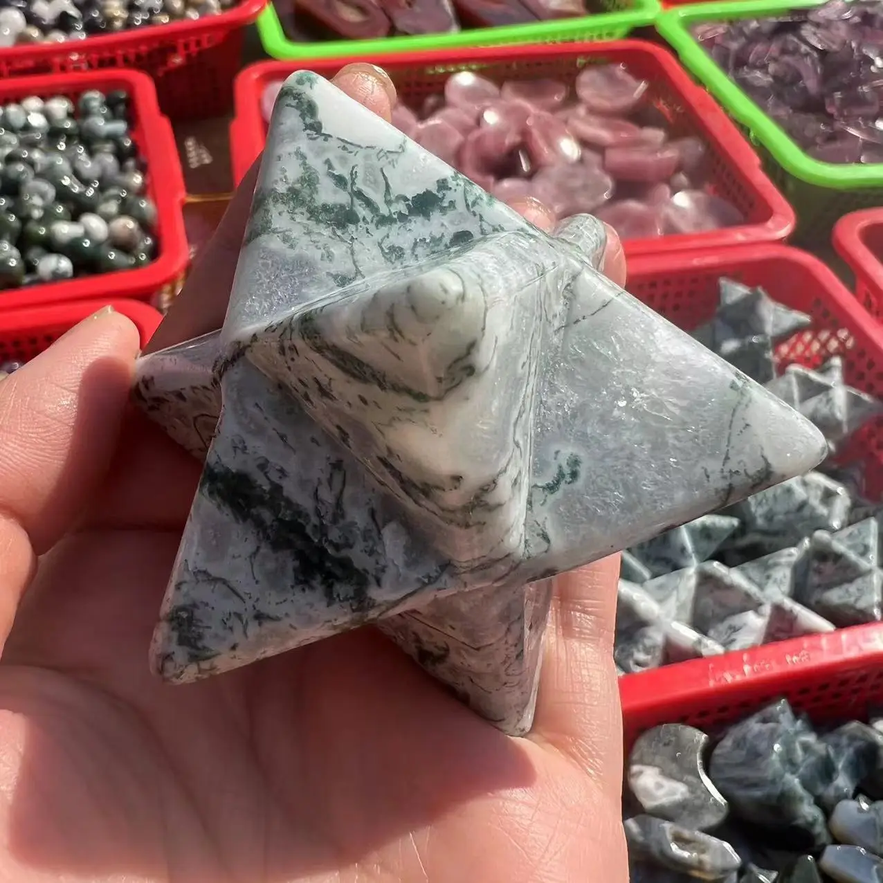 Natural Moss Agate Merkaba quartz crystal Merkaba Stars Healing Energy Mineral