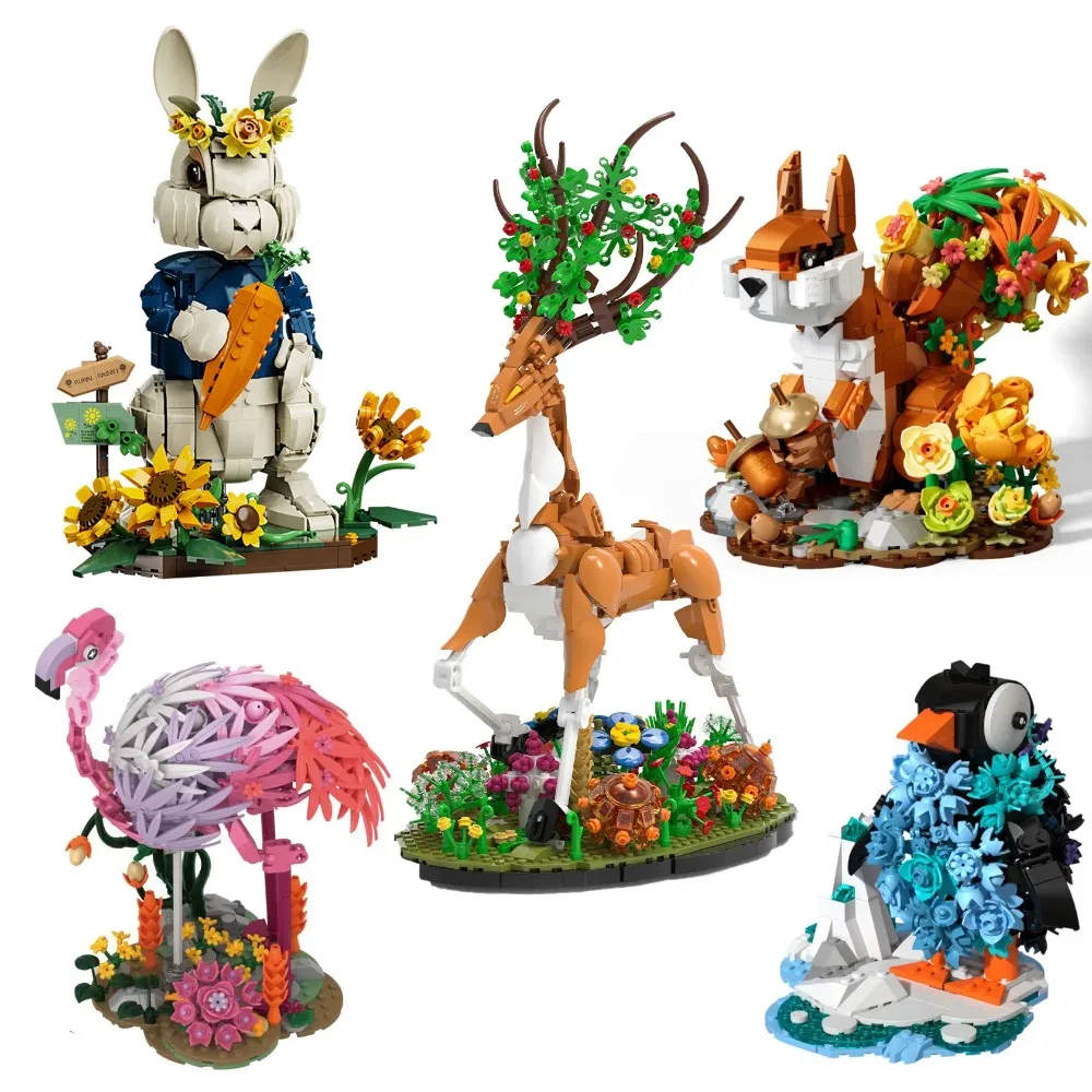Creative Animal Building Blocks Elk Rabbit Flamingo Penguin Model Bricks DIY Educational Construction Toys For Children Gifts