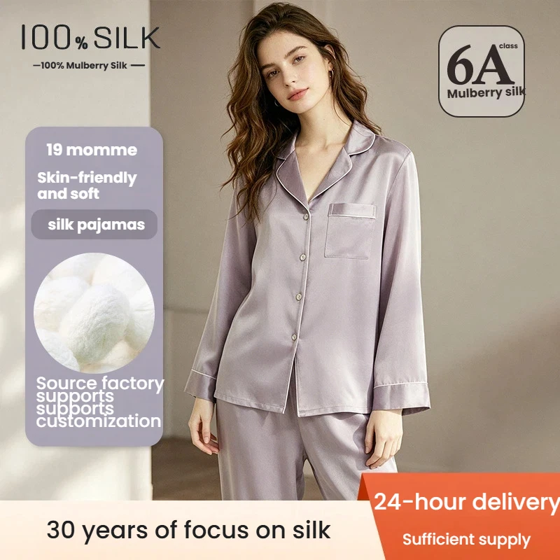 100% Pure Mulberry Silk Two-piece Set Women Long Sleeve Pajamas Wearable Outside Satin Sleepwear Luxury Homewear
