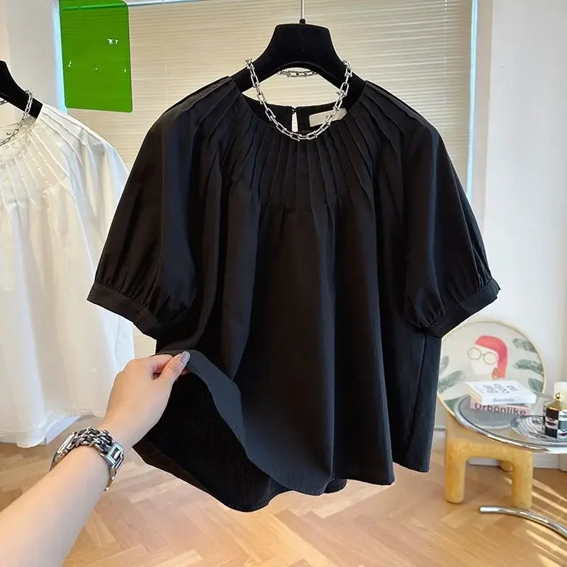 KUSAHIKI Korean Folds O-neck Puff Sleeve Doll Shirt Chic Sweet Womens Tops 2023 Summer New Solid Pullover Blusas De Mujer