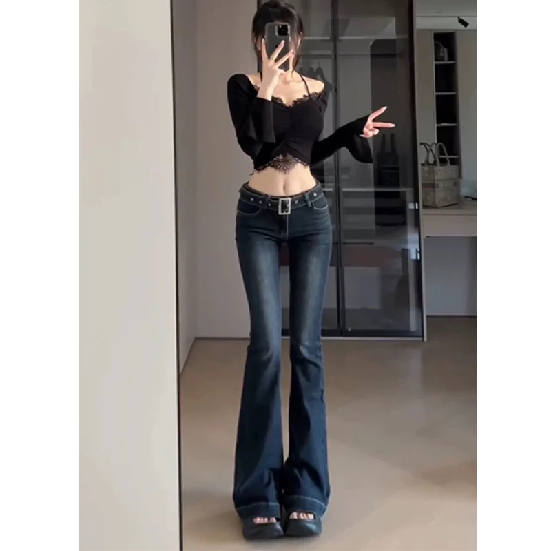 Deep Blue High Waist Slimming Micro Flared Denim Jeans Women's 2026 Summer New Style Long Bootcut Pants Straight Leg Jeans