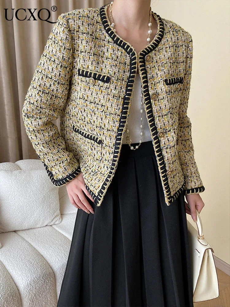 

UCXQ Fashion Tweed Coat European Style Contrasting Weave Single Breasted All Match Elegant Jacket Women 2024 Spring Autumn C1162