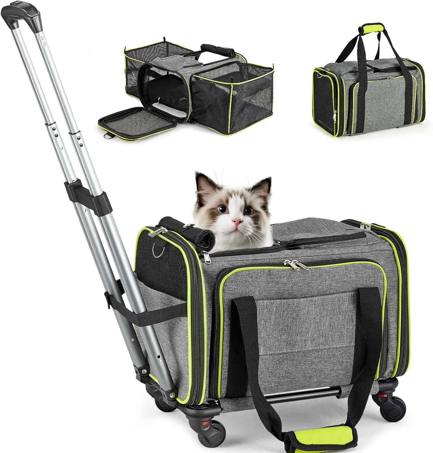 

Expandable Airline Approved Pet Carrier with Wheels for Cats and Small Dogs Under 15 lbs, Travel and Camping Bag