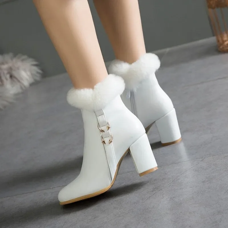 winter The New Rabbit hair fashion Round head Thick with 8CM boots white Plus velvet Keep warm High heel Women boots