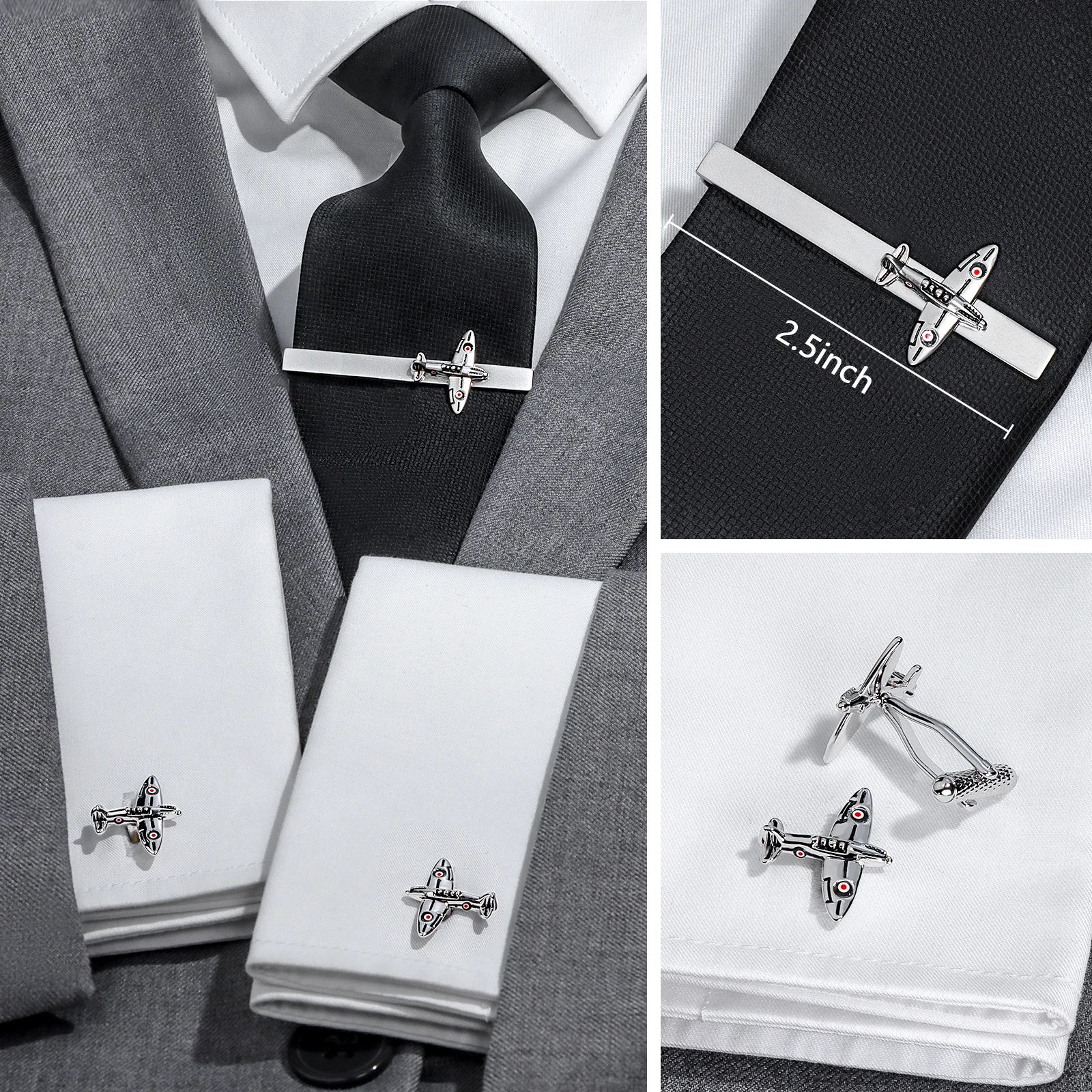 HAWSON Men's Cufflinks and Tie Clip Set Novelty Cufflinks and Tie Wedding Gift Baseball, Football, Airplane Music Symbol Designs