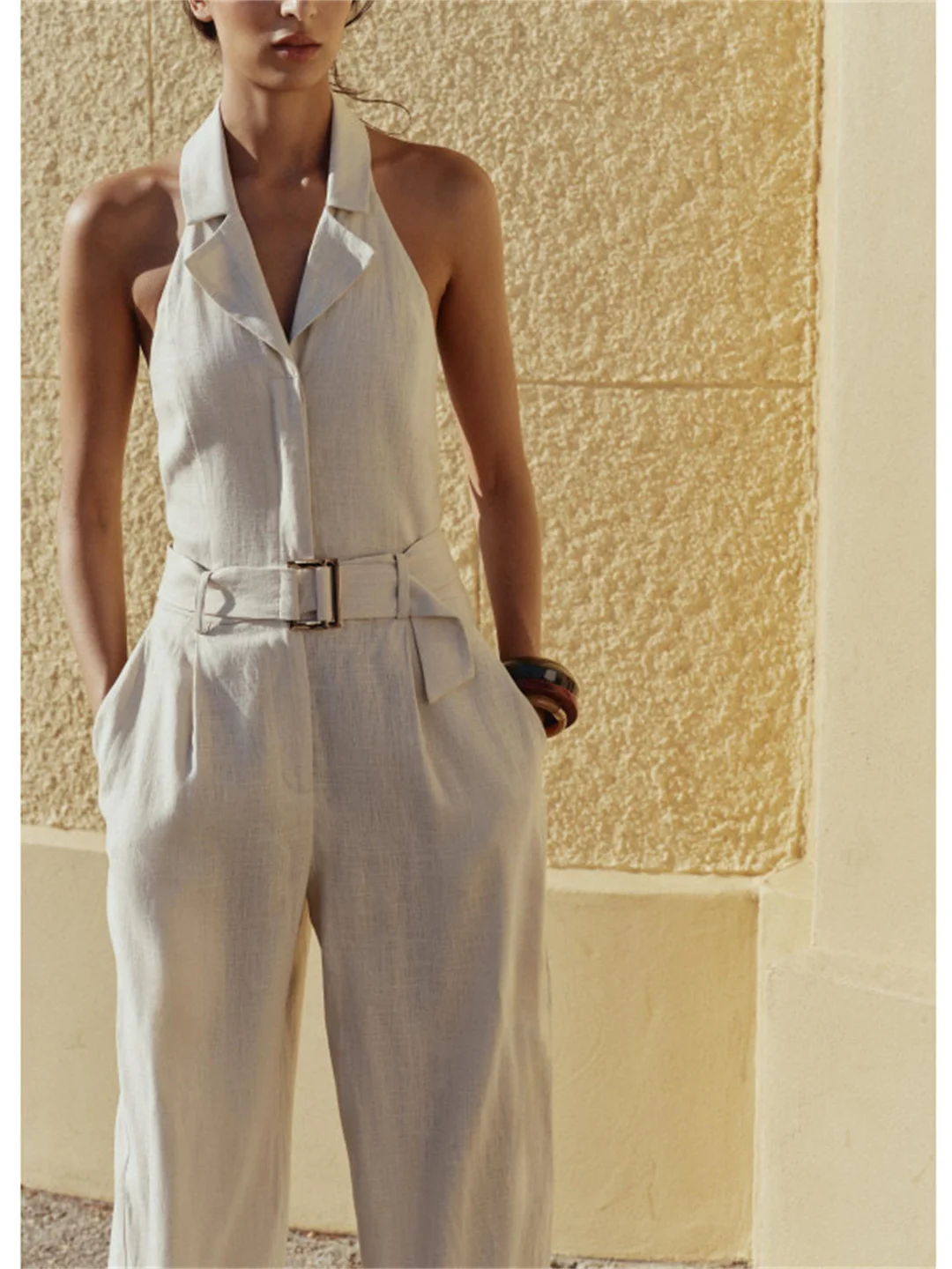 Tuta casual in lino misto lana con cintura Simple Faion Donna Autunno New Sle Vita alta Un pezzo Dr senza Sves