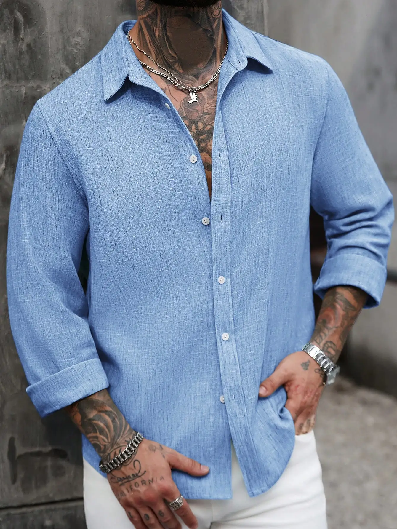 

Men's Solid Light Blue Linen Long Sleeve Casual Shirt