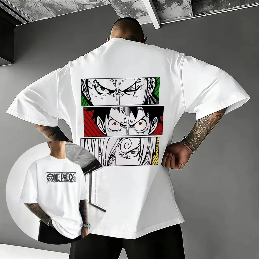 Hot Premium One Piece 3 Eyes Panels Zoro Luffy Sanji Double Side Print Soft Cotton Crewneck Unisex Oversized Harajuku Anime Tee