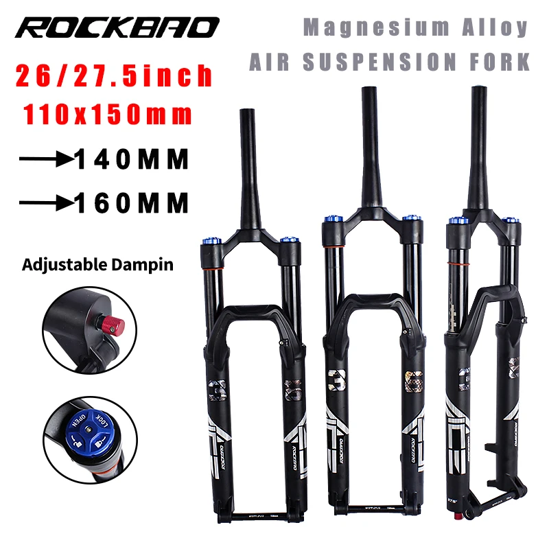 

ROCKBAO Bike Fork Rebound Adjustable MTB Air 26/27.5Inch Front Suspension 140/160mm Bicycle Parts Travel Tapered 110X15mm Fork