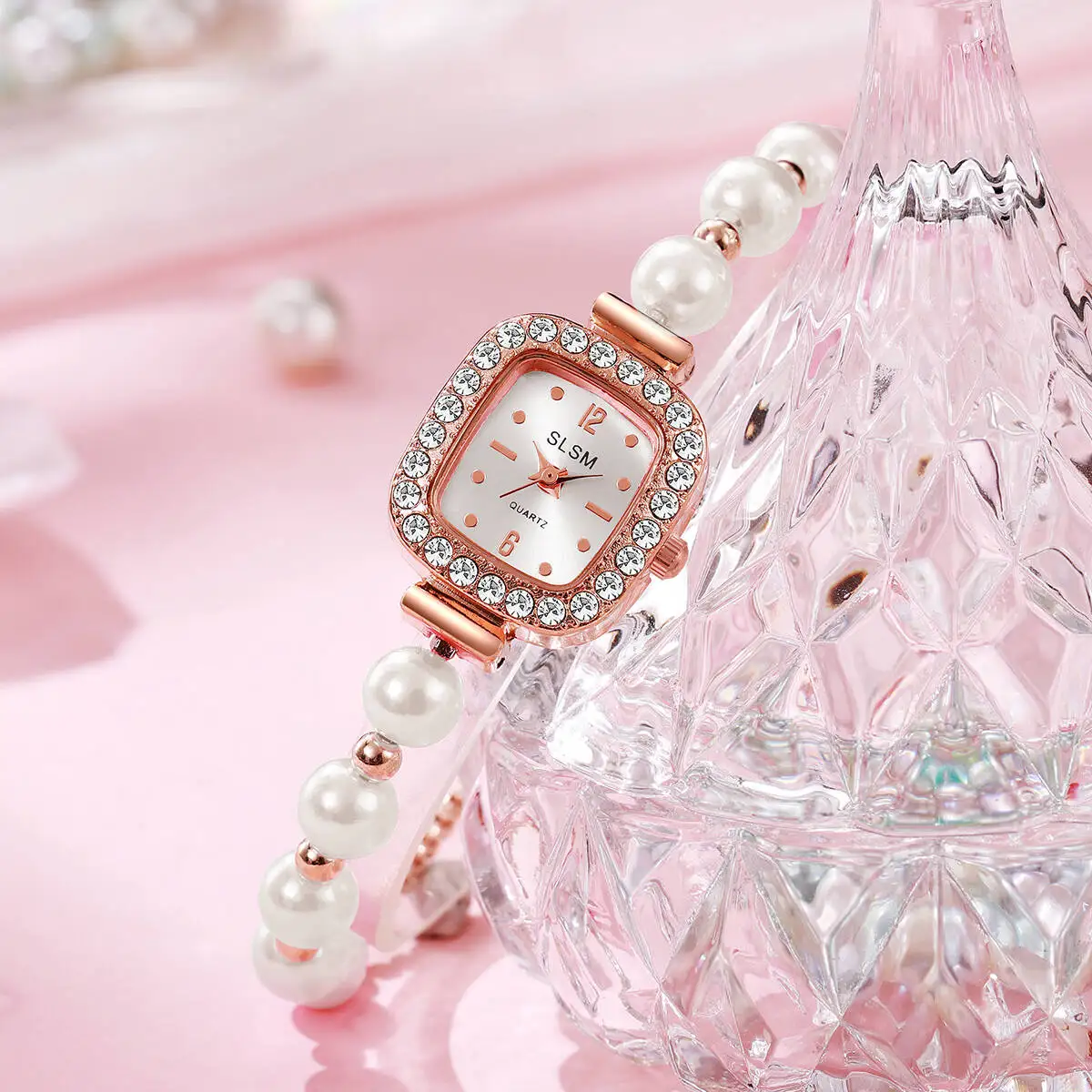 2 قطعة/المجموعة أزياء ساحة النساء الساعات تقليد حجر الراين اللؤلؤ سوار كوارتز ساعة Reloj Mujer (بدون صندوق)