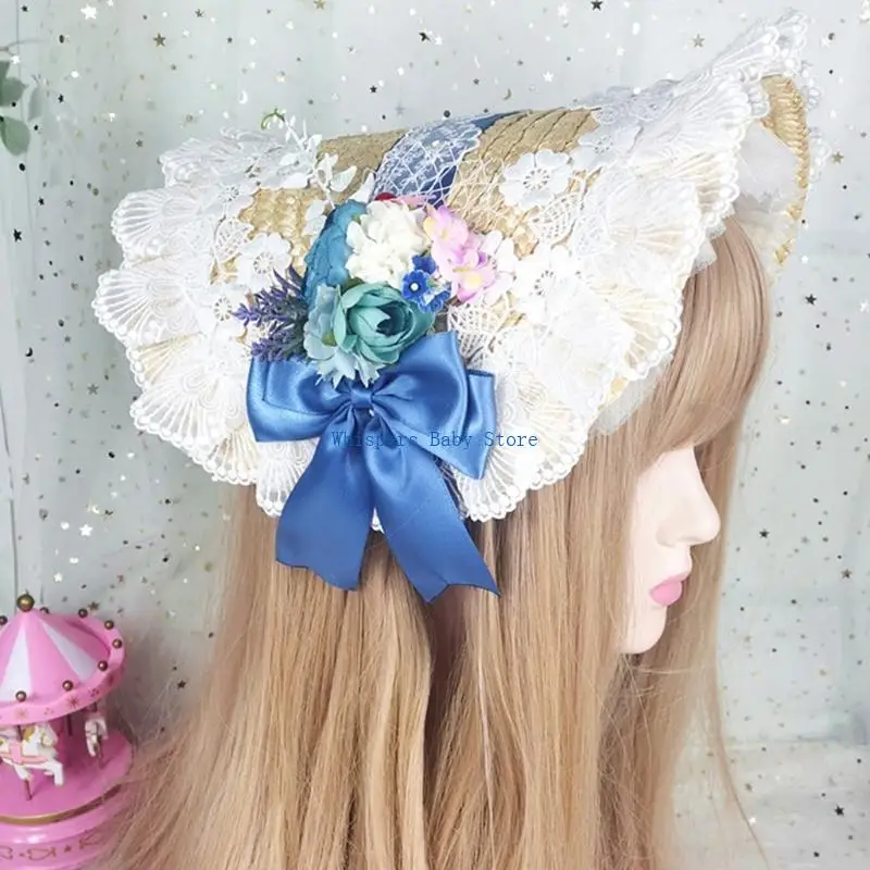 

U90E Lace Headband Maid Flower Headdress Ornaments Ribbon Bowknot Straw Hat