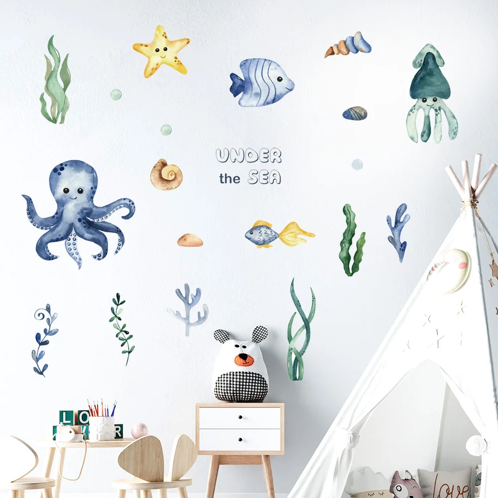 Cartoon Octopus Fish Removable Wall Stickers for Kids Room Kindergarten Eco-friendly Nursery Decor Window Bathroom Tile Decals