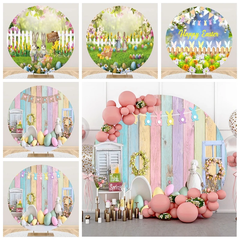 

Spring Easter Round Photography Backdrop Cover Garden Bunny Colorful Eggs Flowers Rabbit Kids Portrait Photo Background Props