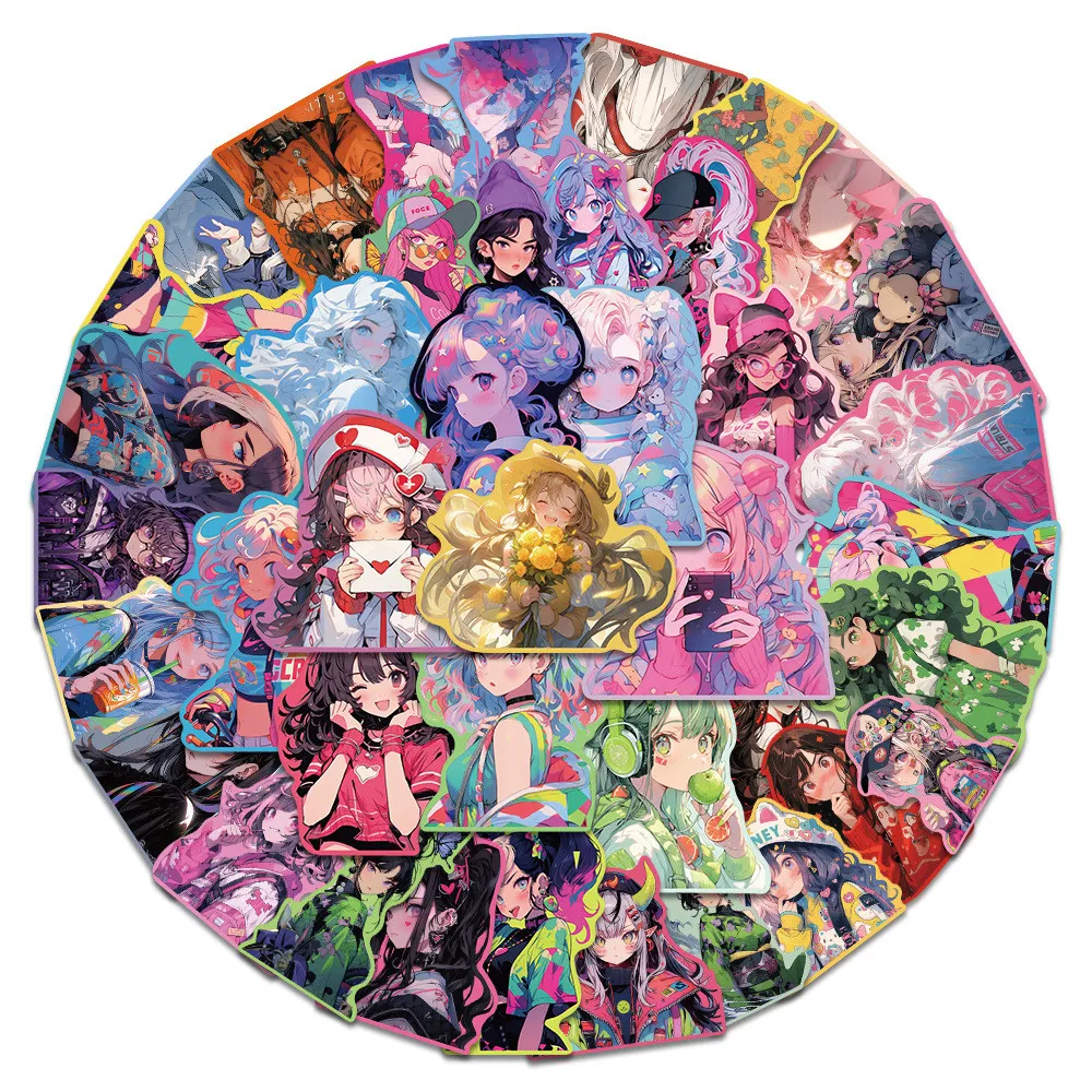 50 قطعة من ملصقات الفتيات اللطيفة على الطراز الحلو - ديكور عالي الجمالي ذو الحواف الملونة للهواتف، متجر ملصقات الأمتعة