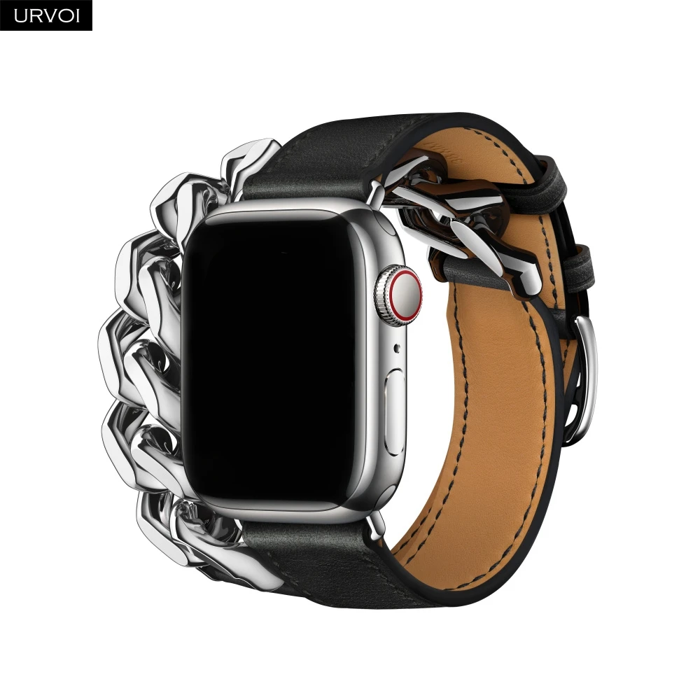 URVOI Double Tour für Apple Watch Band Ultra 3 2 Serie 11 10 9 8 SE Echtleder Gourmette Metallarmband Herrenarmband 49 mm