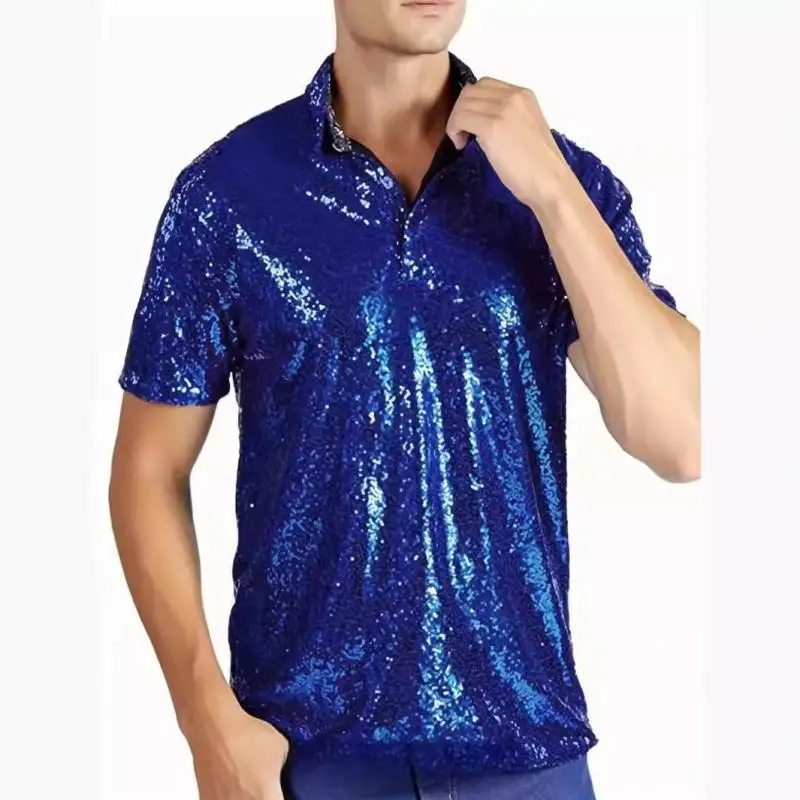 Mens Shiny Sequined T Shirt Blue Lapel Collar Half Button Short Sleeve Blouse for Male Stage Show Night Club Disco Party Outfit