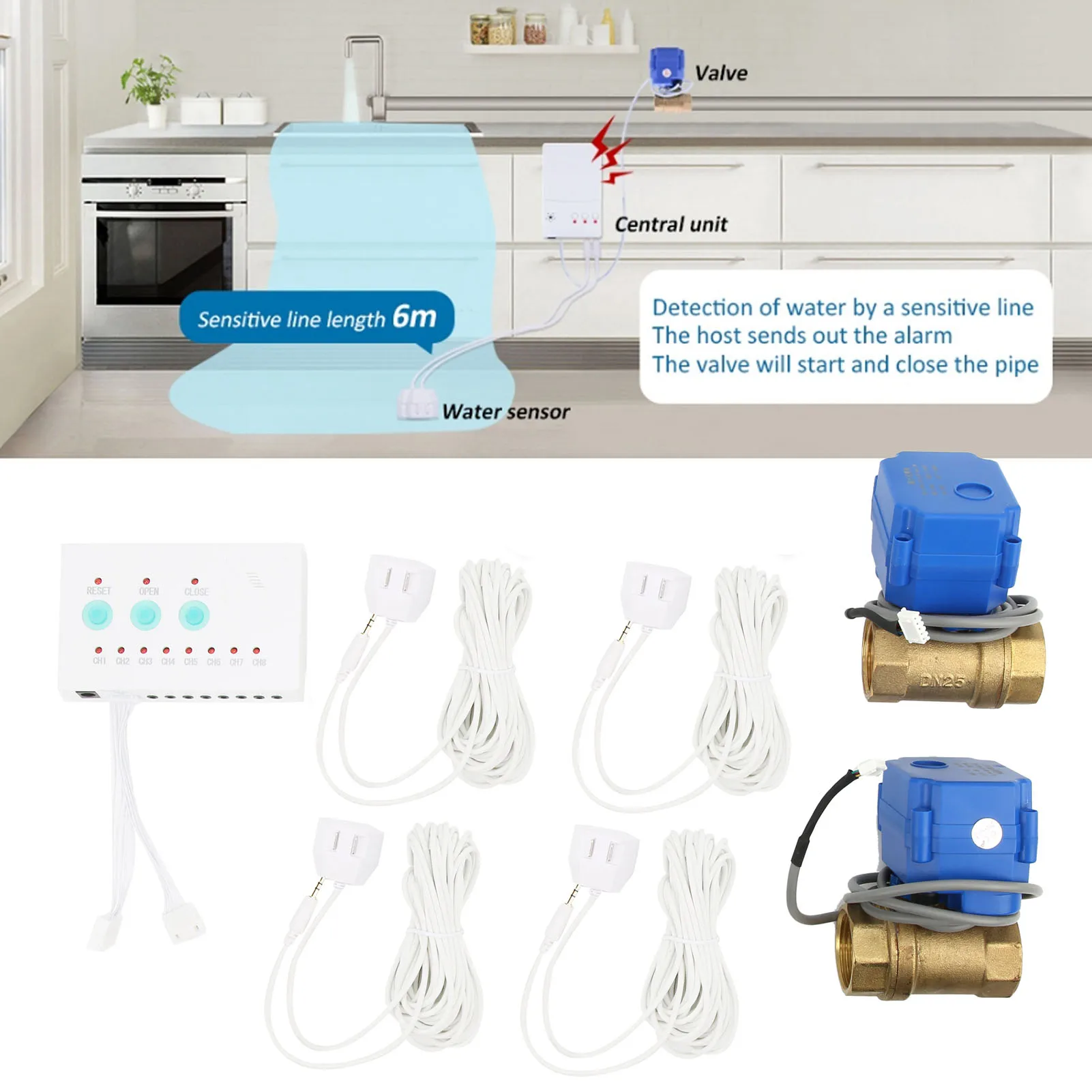 2 วาล์ว 8 ทิศทางรั่วเซ็นเซอร์ DN25 วาล์วเซ็นเซอร์น้ํารั่ว ALARM SENSOR DN25 2 วาล์ว 8 WAY Overflow เครื่องตรวจจับระบบ