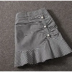 2024 Women's Summer Patchwork Zipper Button Plaid Fit High Waist Slimming A-line Wrap Buttocks Ruffled Fishtail Irregular Skirt