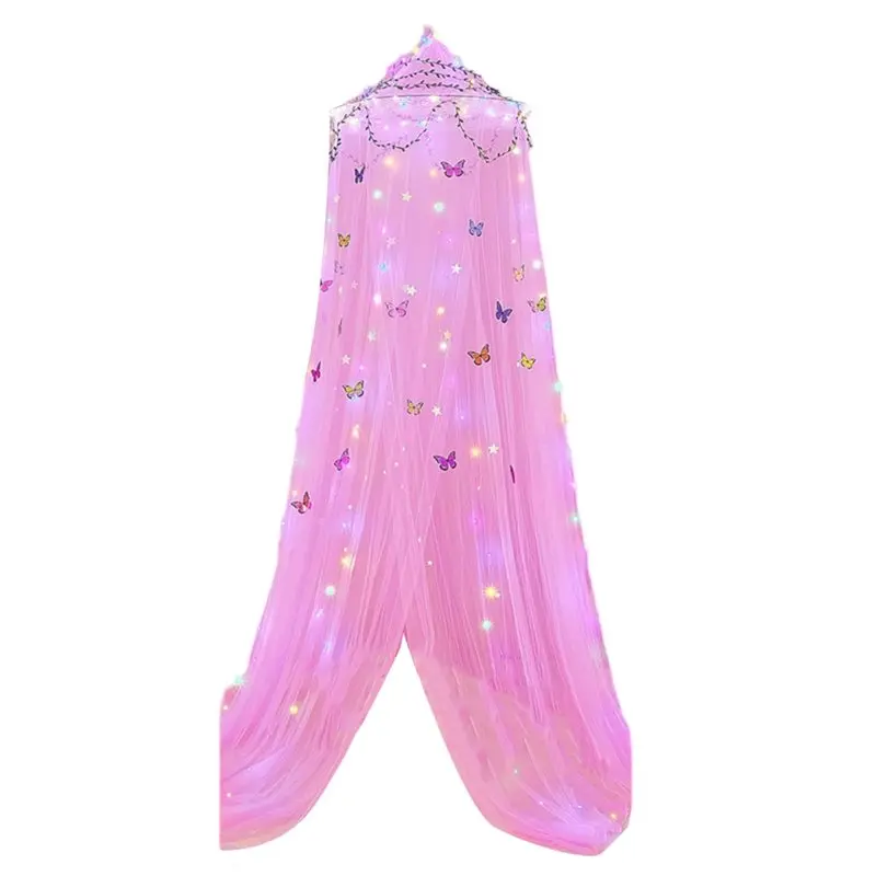 

A76X-For Girls Room Decor Bed Canopy With Led Light Curtain Mosquito Net DIY Princess Style Featuring Butterflies Design