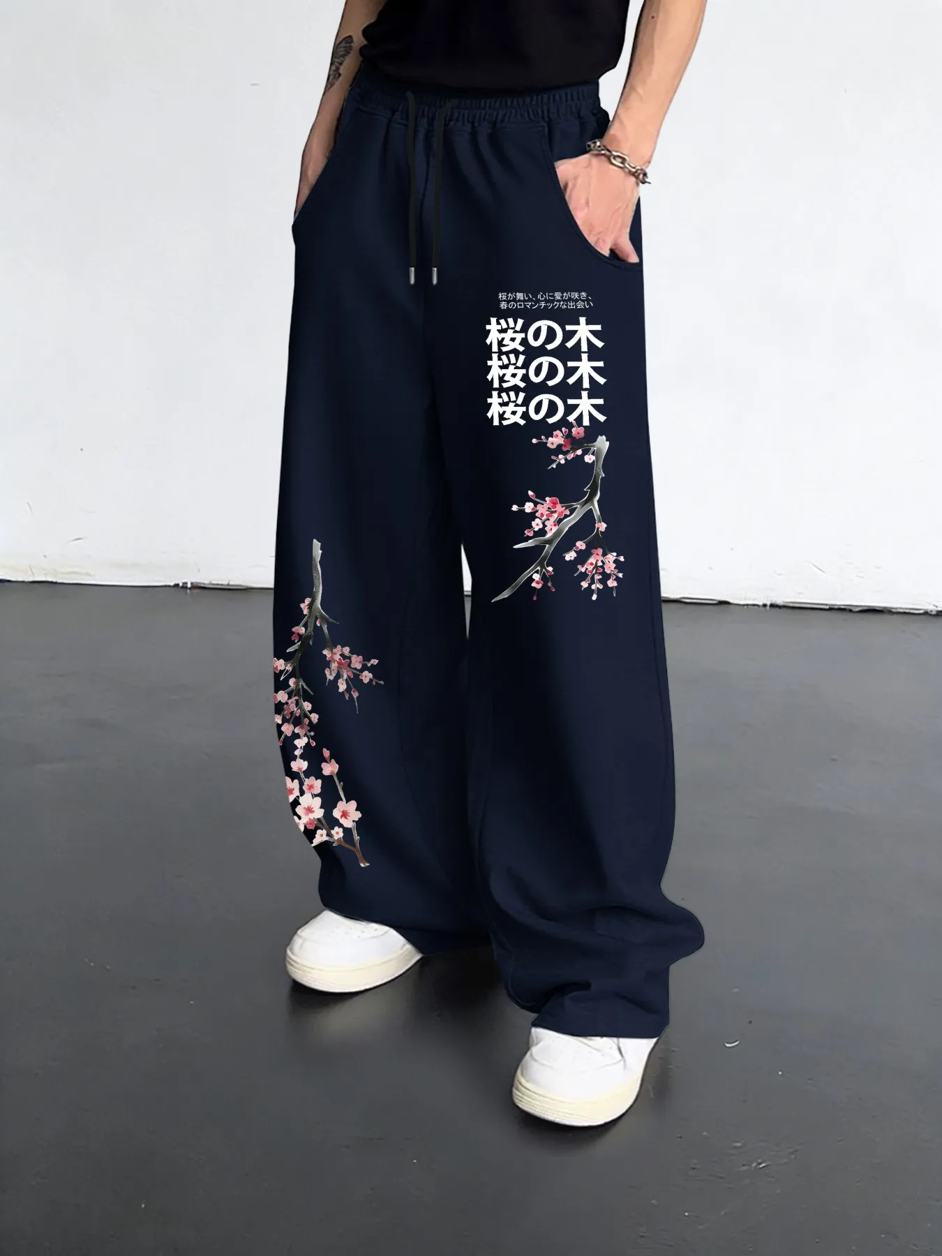 Men Polyester Straight Pants Japanese Cherry Blossom Print Elastic Drawstring Trend Streetwear S-3XL