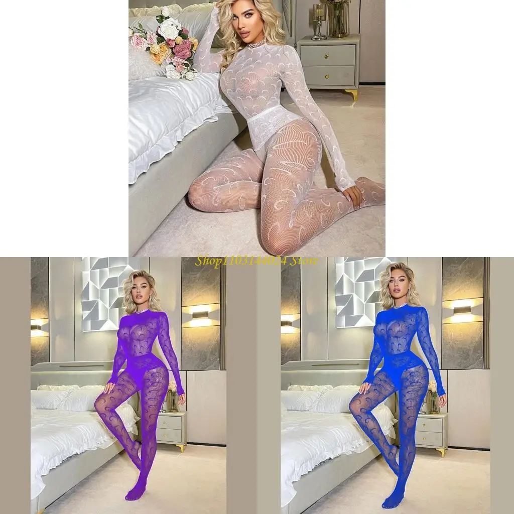 

N5KE Women's Long Sleeve Moon Bodysuits Jumpsuit See Through Mesh Bodystocking Lingerie Underwear Erotic