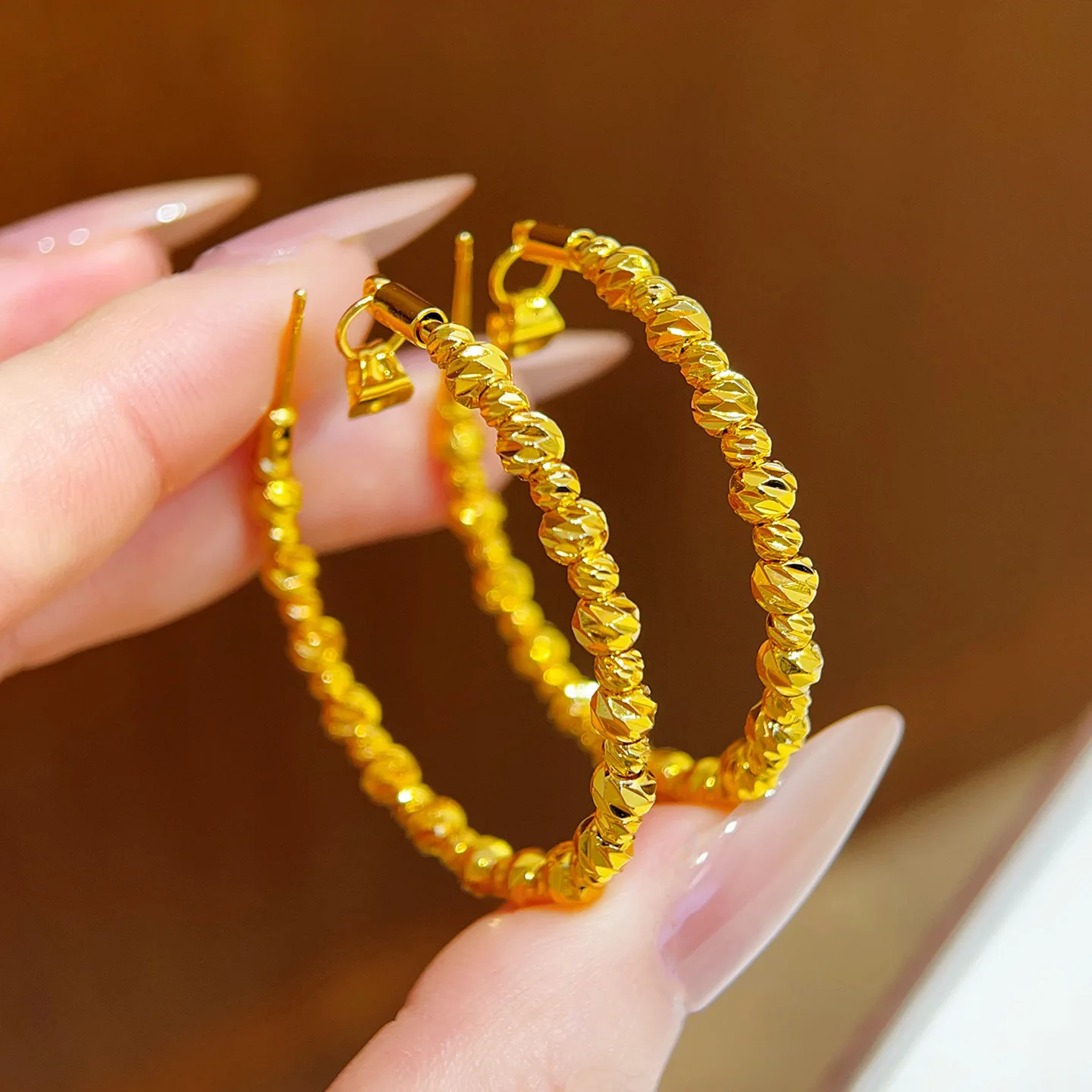 9999 gold dazzling vertical-striped small round bead ear ring, high-end laser-bead large earrings