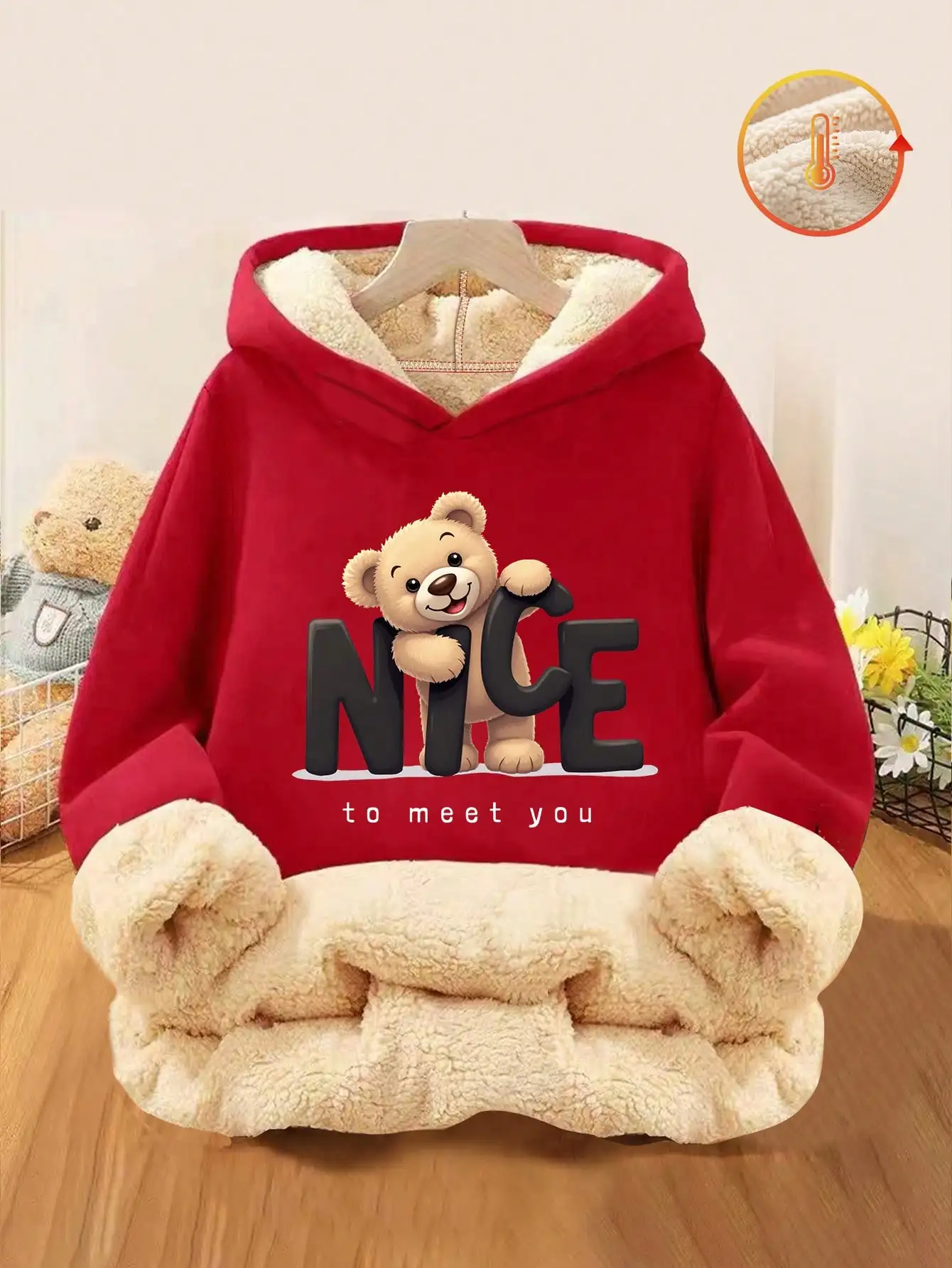 

Red Fleece-Lined Hoodie with Bear Graphic for Kids, Casual Warm Sweatshirt