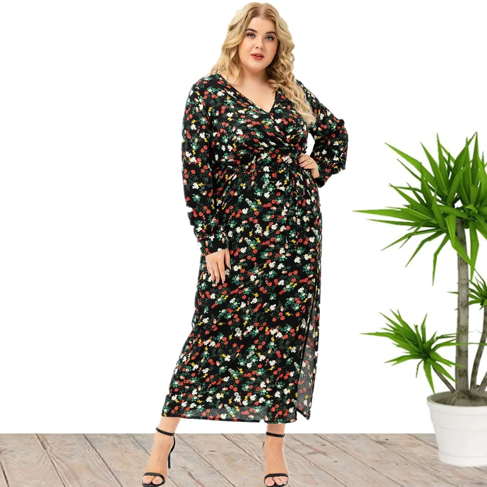 Plus Size New Arrival z dekoltem w szpic z długim rękawem w kwiatowy wzór jesienne sukienki z wiskozy dla dużych eleganckich kobiet