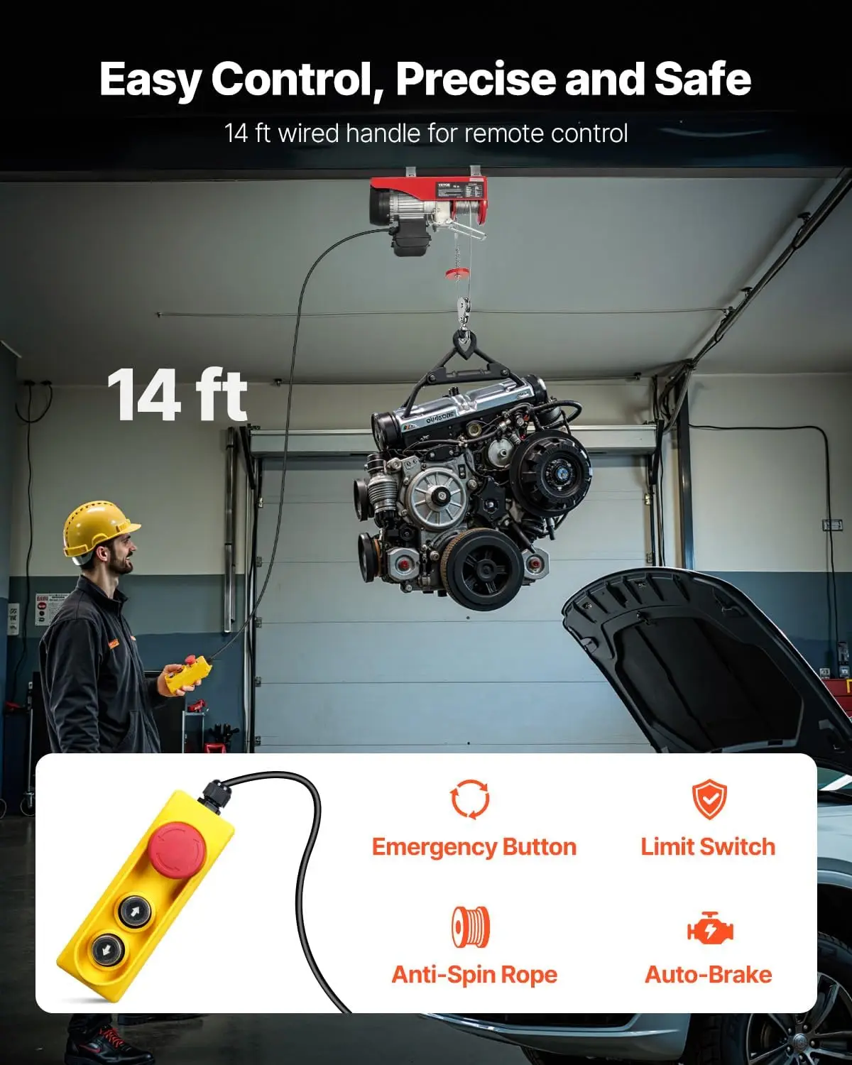 Electric Hoist with Remote Control, 440 lbs Material Handling Tool, 110V Electric Hoist with 14ft Remote Control for Factories,
