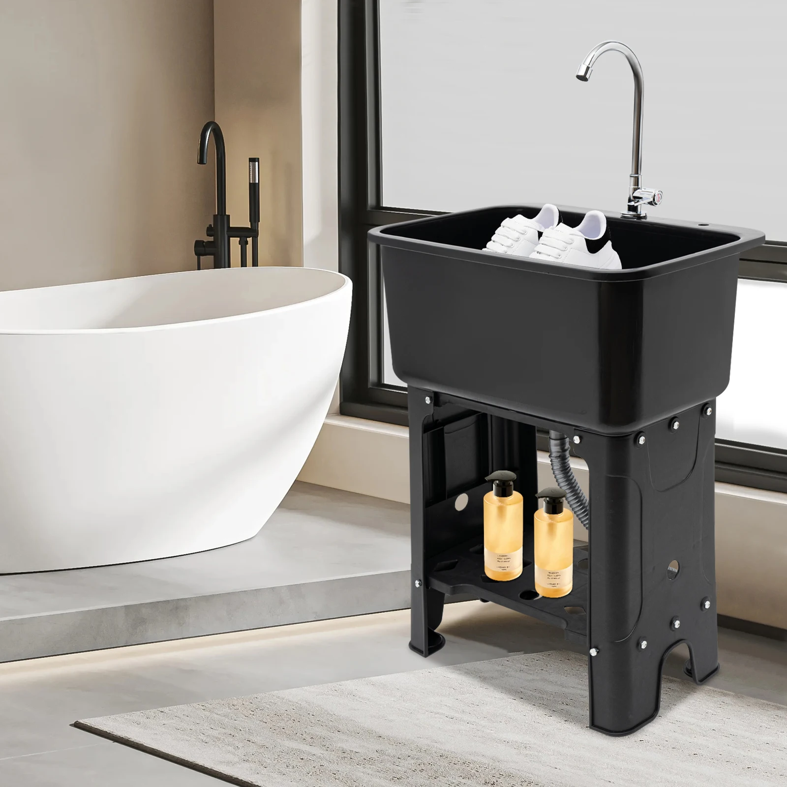 Utility Sink Space Saver Laundry Tub with Faucet, Freestanding Laundry Sink Garage Sink with Storage Shelf (Black)