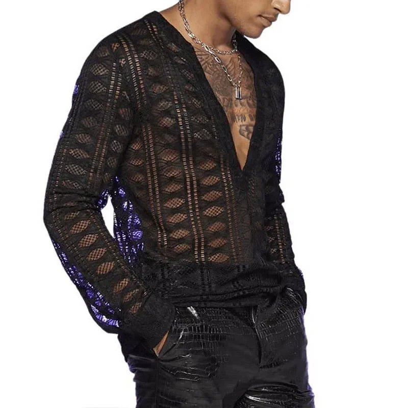 Men's Fishnet Perspective Long Sleeve V-neck Hollowed Out Shirt Men's Bar Dance Black Sexy T-shirt Muscular Slim Sexy Top Gym