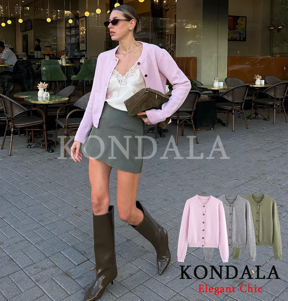 KONDALA Fall Casual Buttons Cardigan Women O-Neck Elegant Slim Knitted Tops 2025 Autumn Fashion Simple Versatile Ladies Cardigan