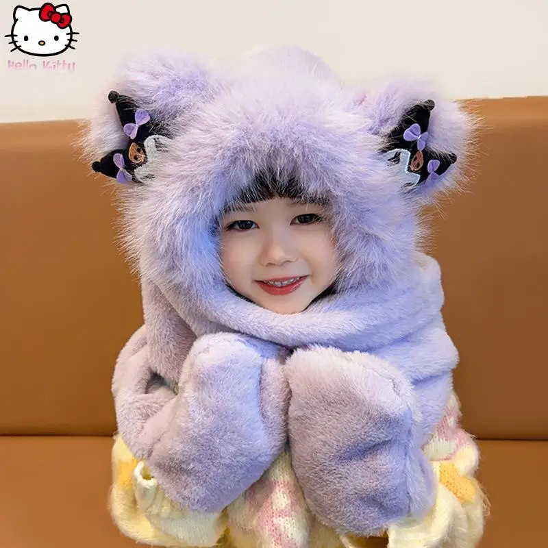 

New Kuromi Winter Cartoon Girls Warm Hat Scarf Gloves Neck Scarf Children Kawaii Thickened Windproof Ear Hat Anime Fashion Hat