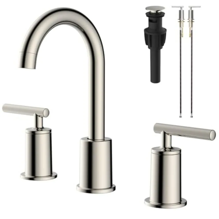 

Bathroom sink faucet brushed nickel widespread 3-hole 2-handle 8-inch 360 swivel spout easy installation pre-attached hoses dra