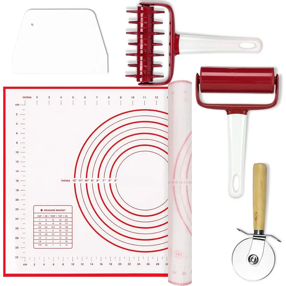 5-Piece Pizza Tool Kit: Pastry Roller, Dough Docker, Scraper Cutter, Pizza Wheel, Silicone Mat
