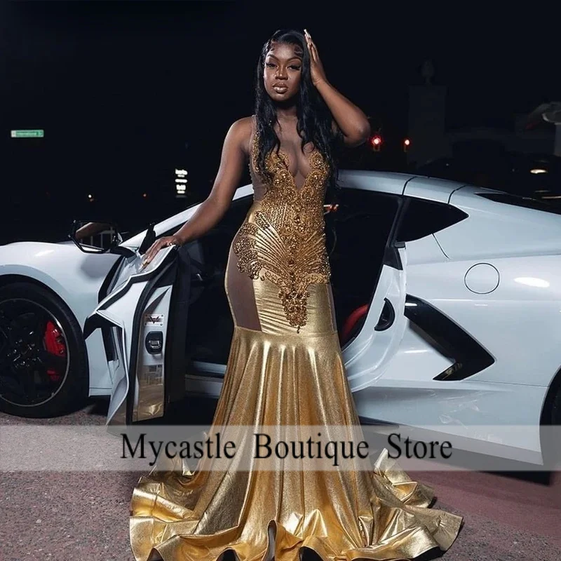 黒人女性向けカスタムゴールドロングダイヤモンドプロムドレス、ダイヤモンドクリスタルビーズ付きフォーマルパーティーガラガウン、ベスティドス・デ・フィエスタ