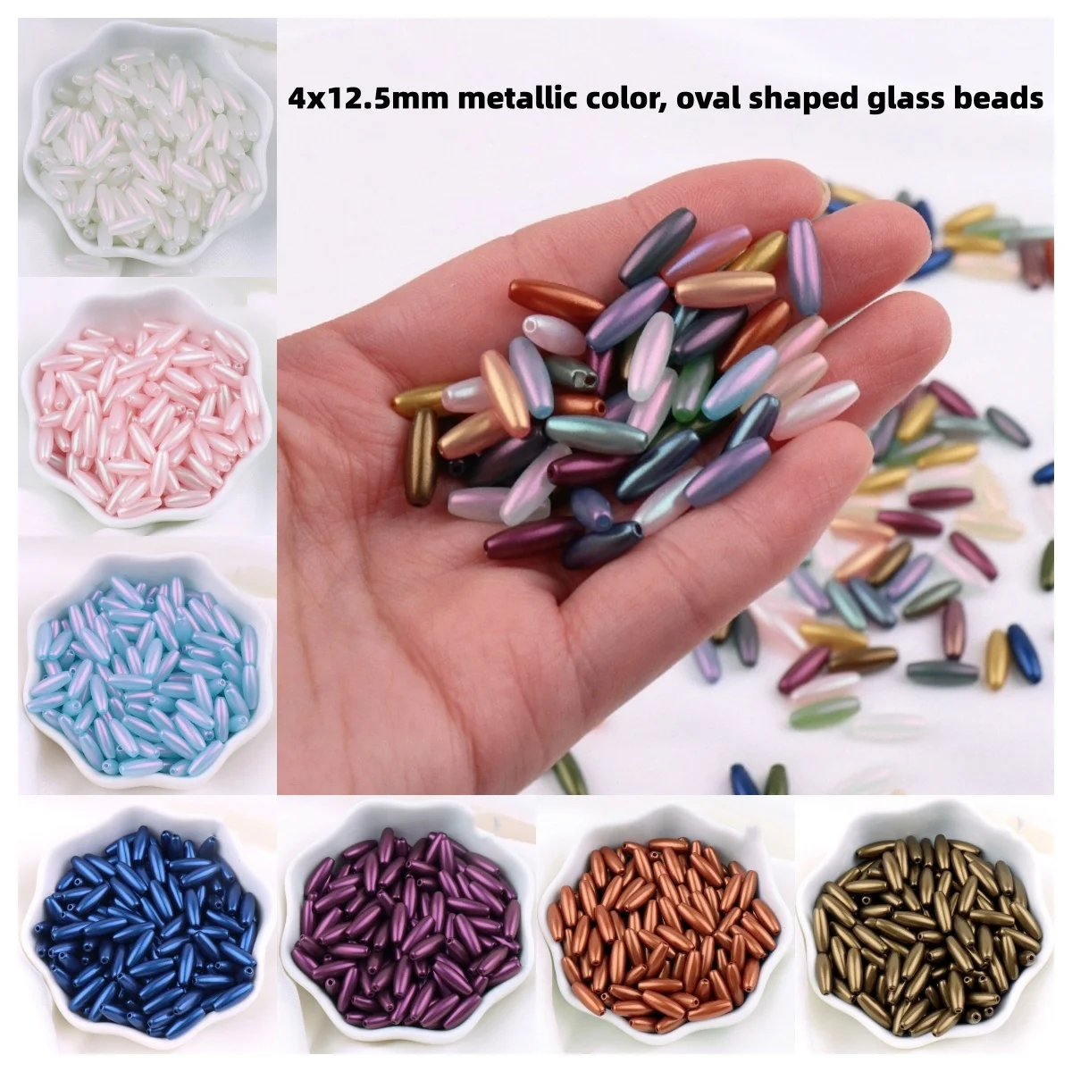 

Non fading and wear-resistant 4x12.5mm metallic color, oval shaped glass rice grain handmade DIY bracelet jewelry bead